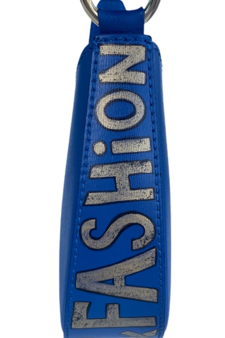 Small Leather Bag Blue with Gold Lettering Handpaint - Natalia Kludt