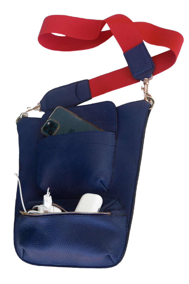 Umhängetasche aus Leder Blau mit rotem Canvas Gurt für Frauen und Männer - NATALIA KLUDT ART & FASHION