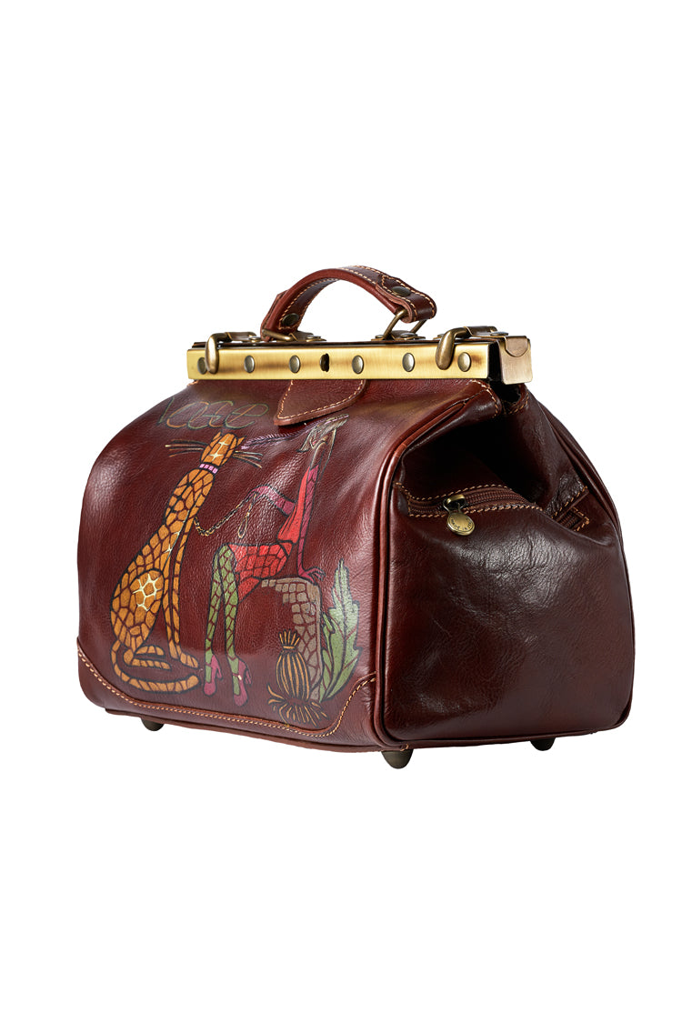 Leather doctor bag hand bag in brown handpainting "California" - Natalia Kludt