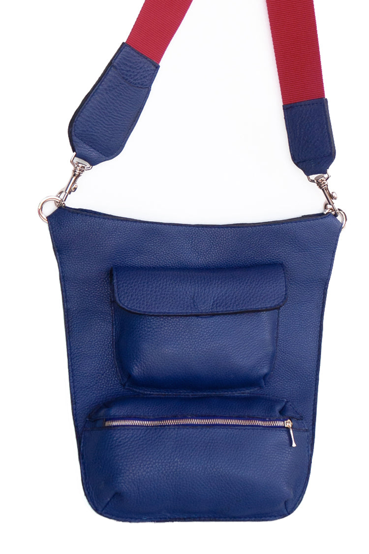 Umhängetasche aus Leder Blau mit rotem Canvas Gurt für Frauen und Männer - NATALIA KLUDT ART & FASHION