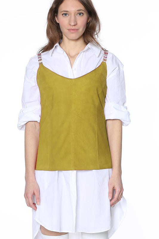 Leather top with Swarovski straps in yellow