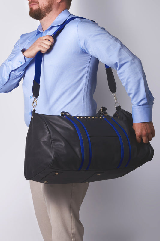 Leather travel bag, black, with blue canvas strap