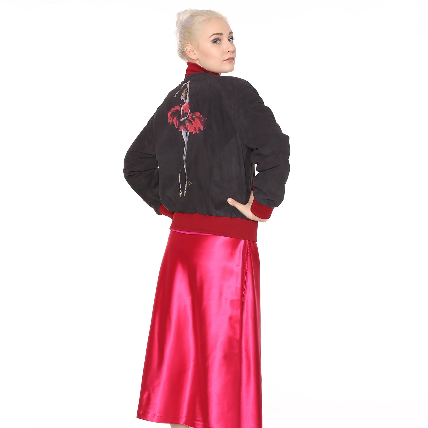 Leather Jacket with Handpainted Ballerina Fuchsia - Natalia Kludt