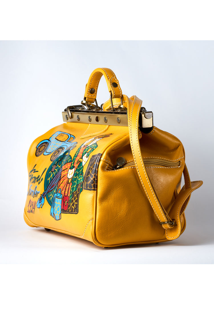 leather hand bag doctor bag in yellow with handpainting "California" - Natalia Kludt