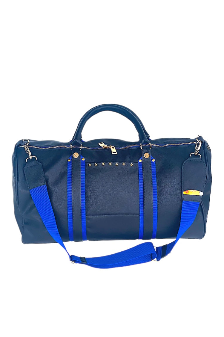 Leather travel bag, black, with blue canvas strap