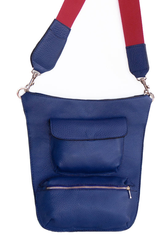 Umhängetasche aus Leder Blau mit rotem Canvas Gurt für Frauen und Männer - NATALIA KLUDT ART & FASHION