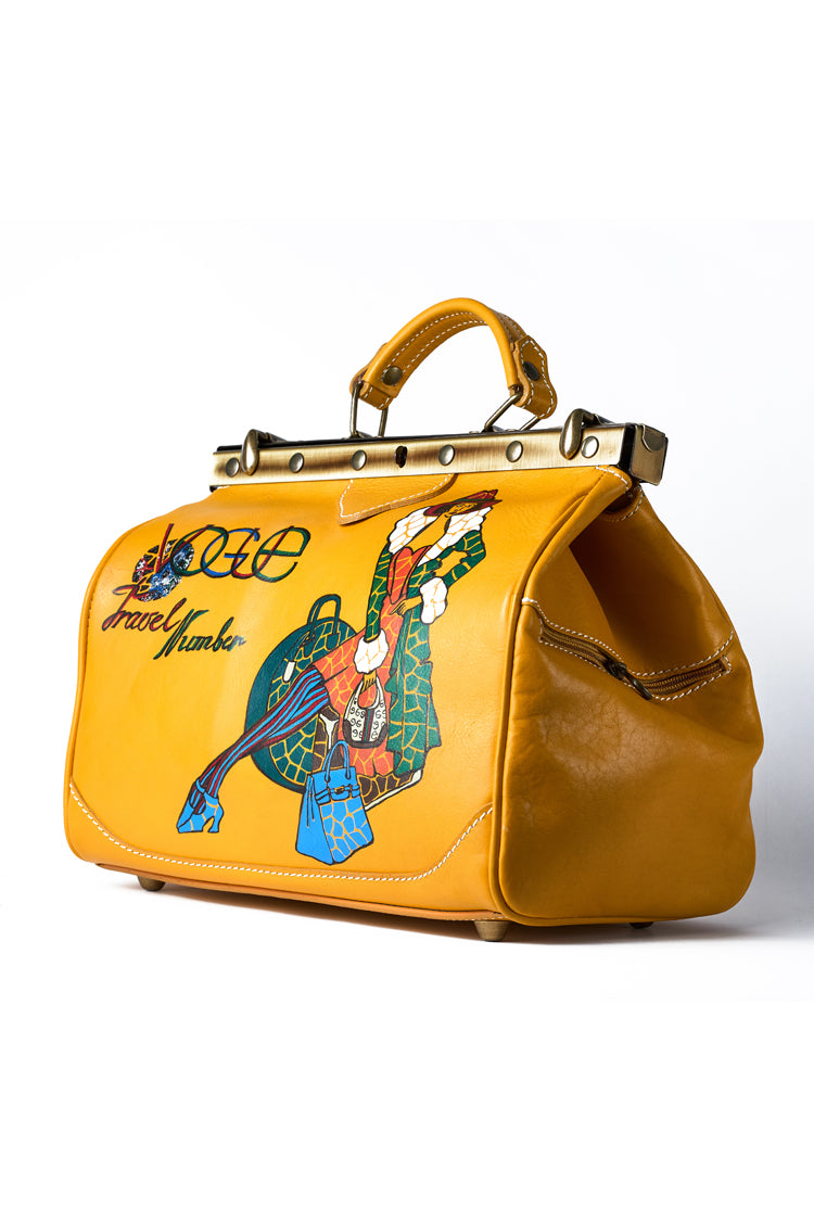 Leather doctor bag hand bag in yellow with handpainting "California" - Natalia Kludt