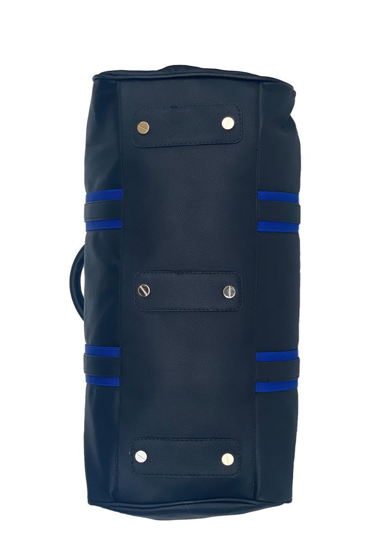 Reisetasche aus Leder, schwarz, mit blauem Canvas Gurt