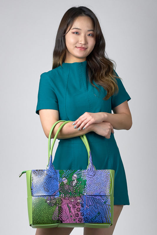 Leather tote bag shopper in green hand painted - Natalia Kludt