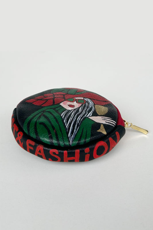 Leather pendant, hand-painted, with zip